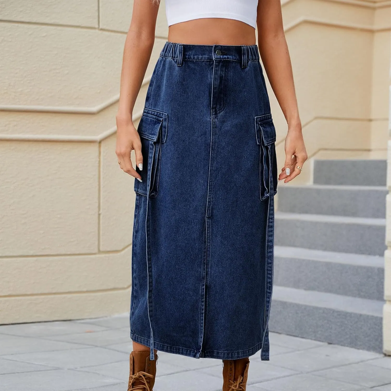 Womens Denim Cargo Skirts Slim Fit Calf Length Back Slit Jean Elastic High Waist Pencil Skirt Flap Pockets Streetwear