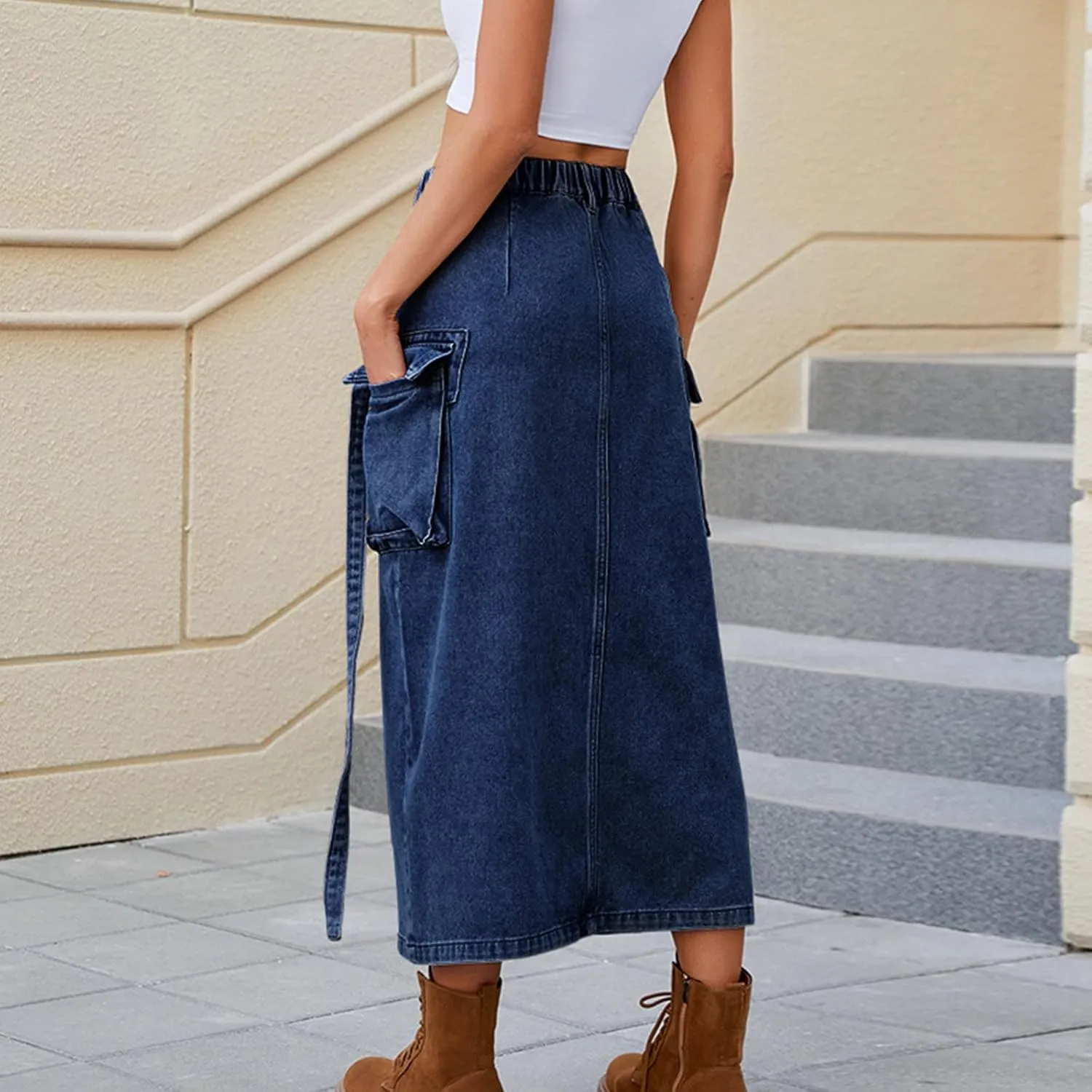 Womens Denim Cargo Skirts Slim Fit Calf Length Back Slit Jean Elastic High Waist Pencil Skirt Flap Pockets Streetwear
