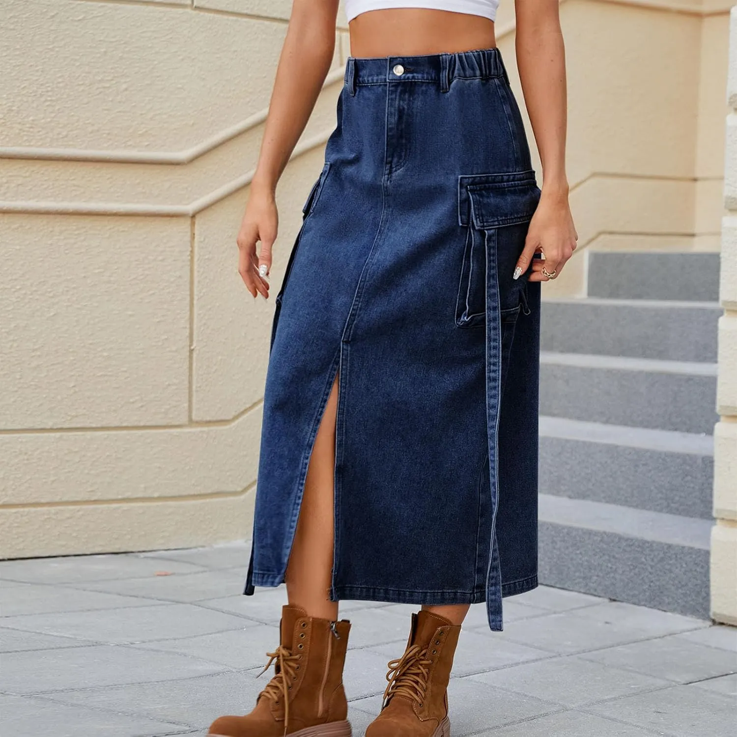 Womens Denim Cargo Skirts Slim Fit Calf Length Back Slit Jean Elastic High Waist Pencil Skirt Flap Pockets Streetwear