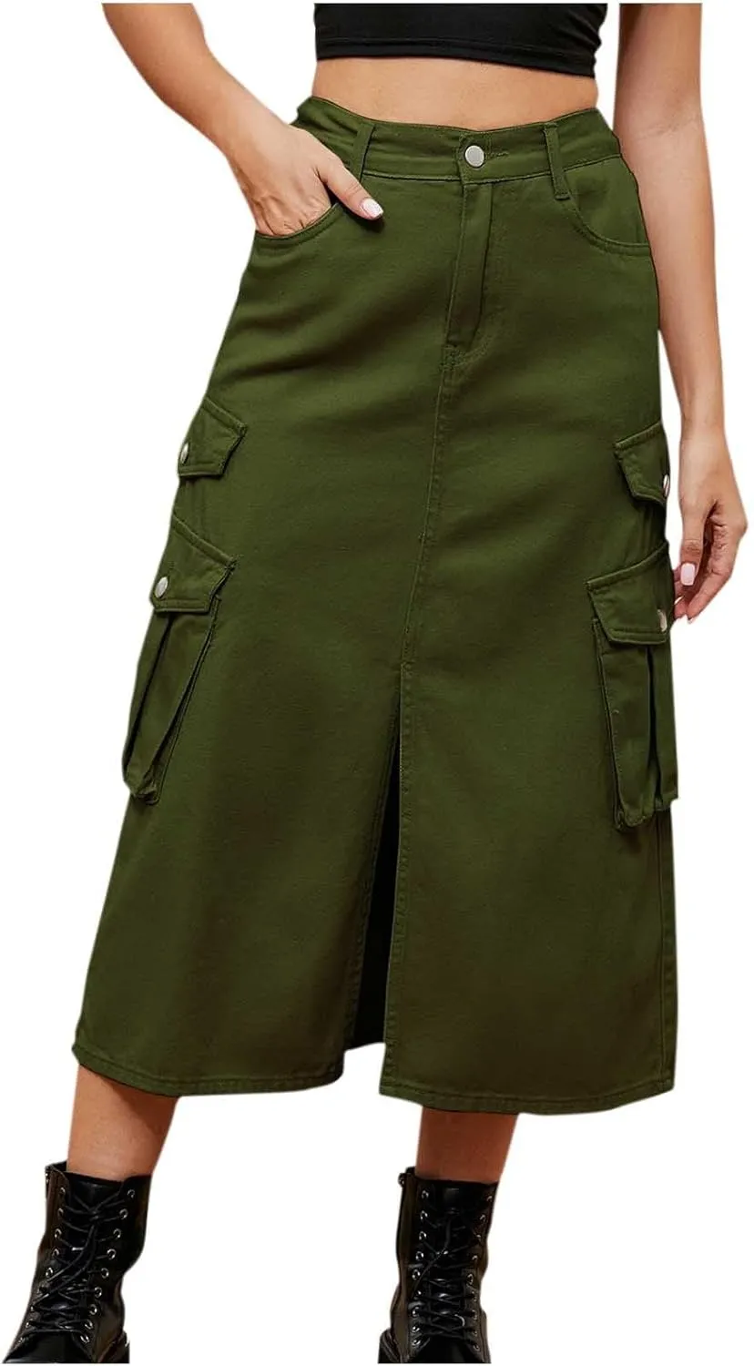 Womens Denim Cargo Skirts Slim Fit Calf Length Back Slit Jean Elastic High Waist Pencil Skirt Flap Pockets Streetwear