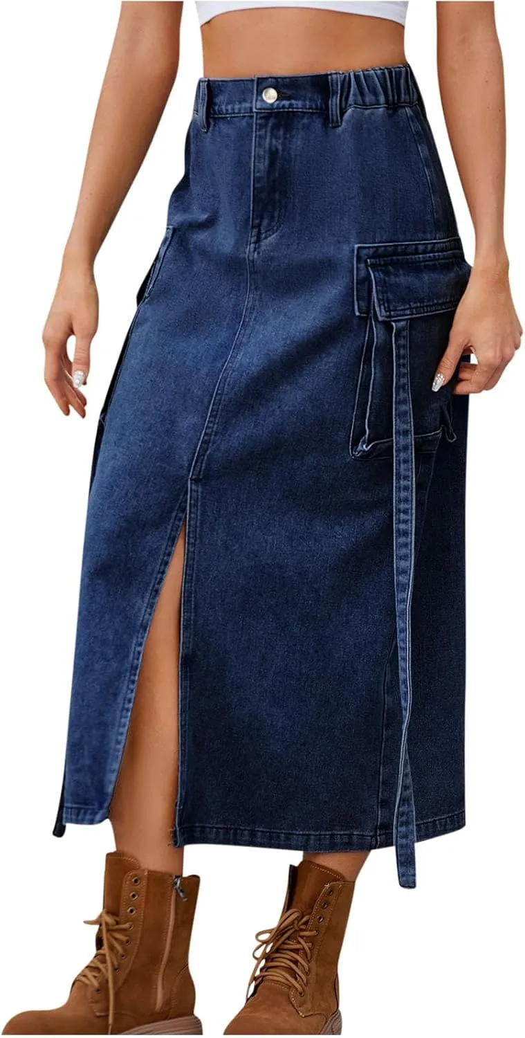 Womens Denim Cargo Skirts Slim Fit Calf Length Back Slit Jean Elastic High Waist Pencil Skirt Flap Pockets Streetwear