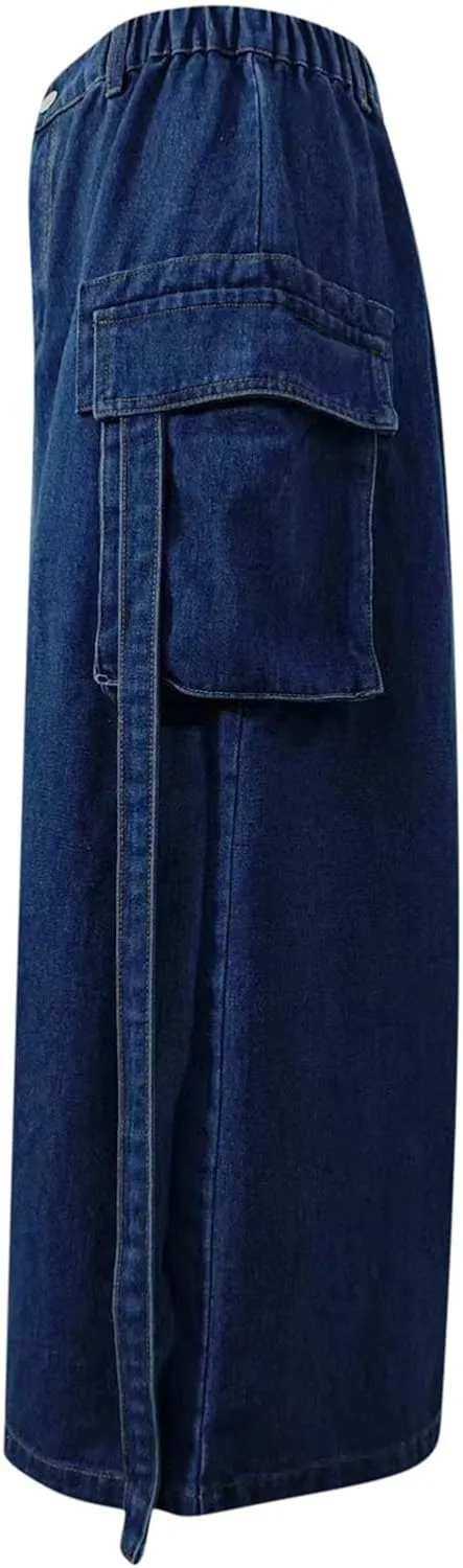 Womens Denim Cargo Skirts Slim Fit Calf Length Back Slit Jean Elastic High Waist Pencil Skirt Flap Pockets Streetwear