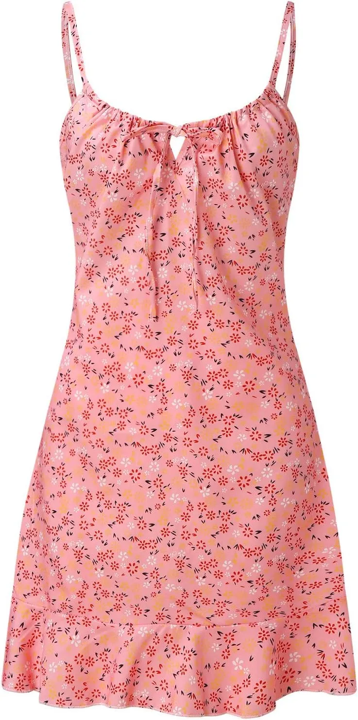 Women's Ditsy Floral Ruched Cami Mini Dress Spaghetti Strap Pencil Dress Smocked Ruffle Tie Front Boho Short Dresses