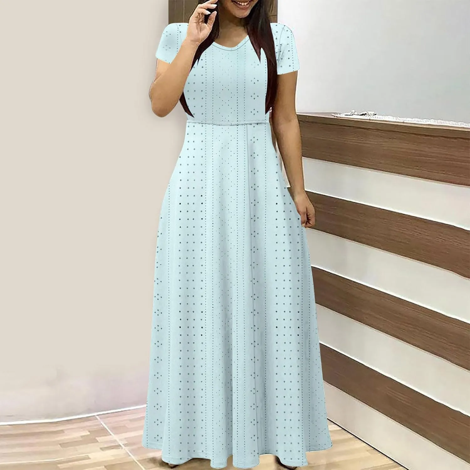 Womens Dresses 2025 Summer V Neck Short Sleeve Solid Eyelet Waisted Ankle Length Dress Beach Vacation Maxi Dresses