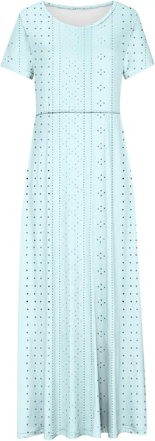 Womens Dresses 2025 Summer V Neck Short Sleeve Solid Eyelet Waisted Ankle Length Dress Beach Vacation Maxi Dresses
