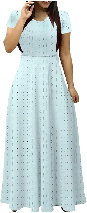 Womens Dresses 2025 Summer V Neck Short Sleeve Solid Eyelet Waisted Ankle Length Dress Beach Vacation Maxi Dresses
