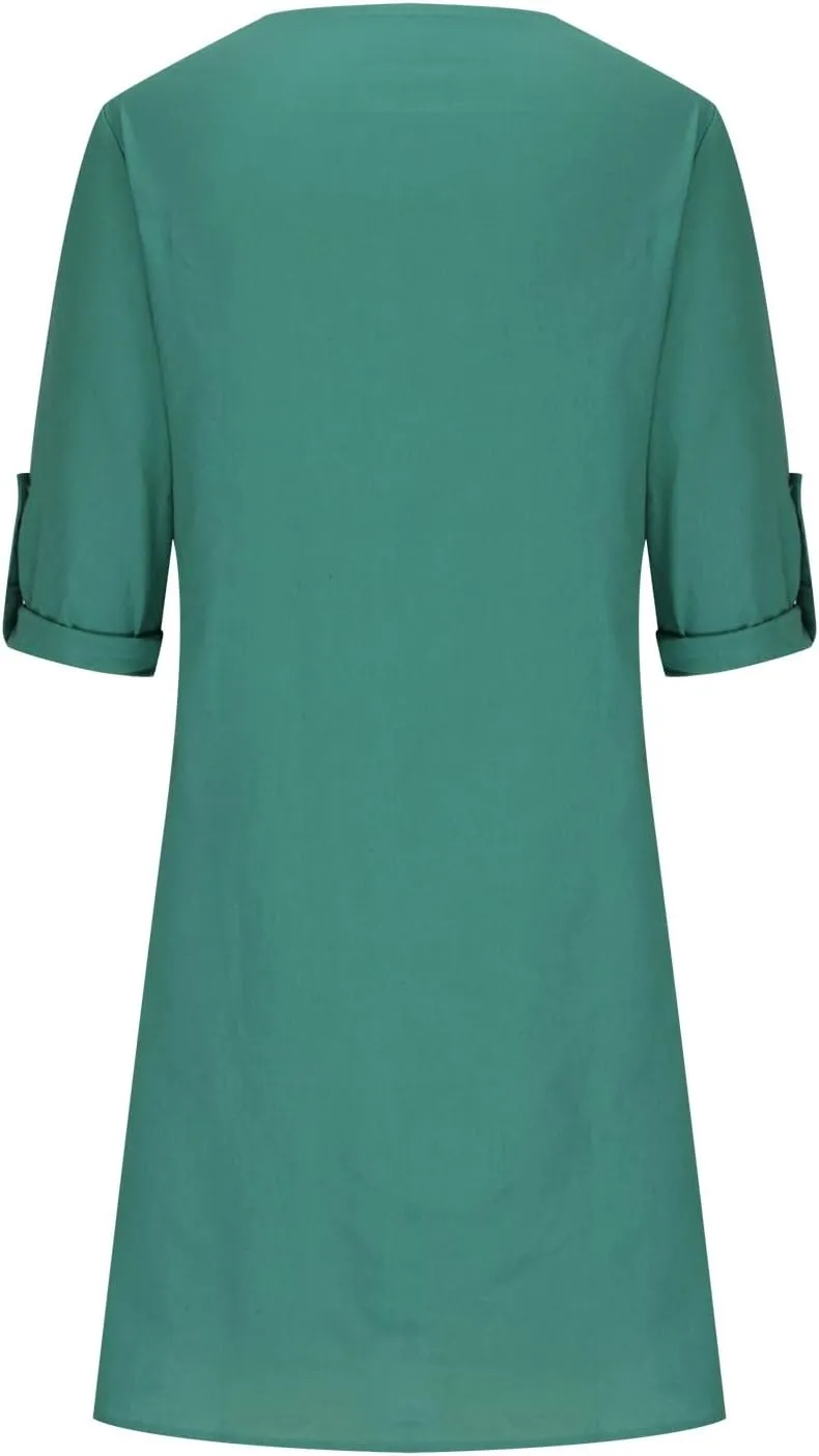 Womens Dresses Casual Loose Fit Cotton Linen Notch V Neck Mini Dress Summer Long Sleeve Going Out Dress for Ladies