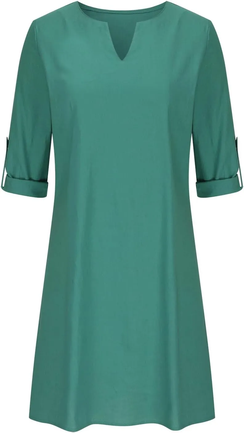 Womens Dresses Casual Loose Fit Cotton Linen Notch V Neck Mini Dress Summer Long Sleeve Going Out Dress for Ladies