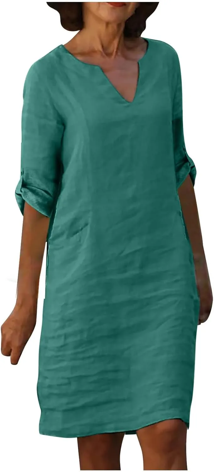 Womens Dresses Casual Loose Fit Cotton Linen Notch V Neck Mini Dress Summer Long Sleeve Going Out Dress for Ladies