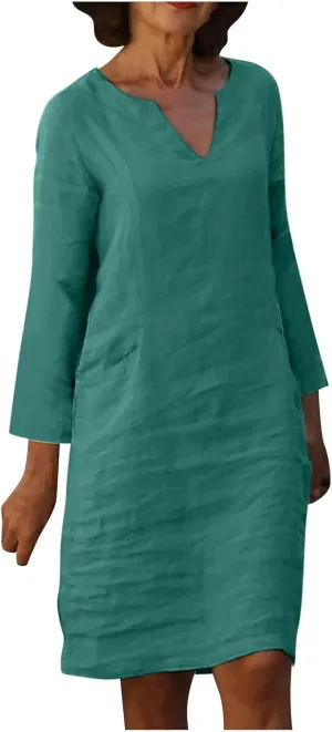 Womens Dresses Casual Loose Fit Cotton Linen Notch V Neck Mini Dress Summer Long Sleeve Going Out Dress for Ladies