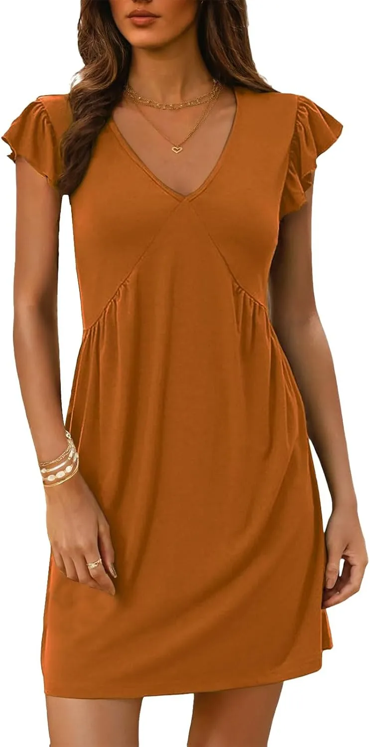 Women's Dresses Casual Summer 2025 Loose Mini Dress Cap Sleeve Deep V Neck Dress Sexy Tunic Beach Vacation Sundress