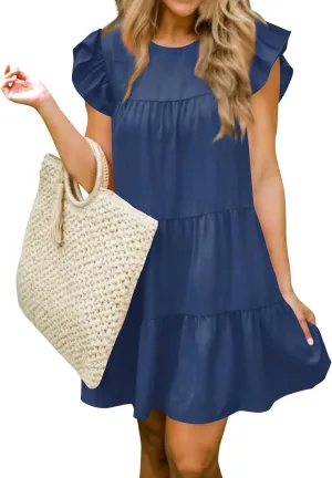 Women's Dresses Summer Round Neck Ruffle Sleeve Solid Color Beach Flowy Short Tunic Mini Dress 2025, S-2XL