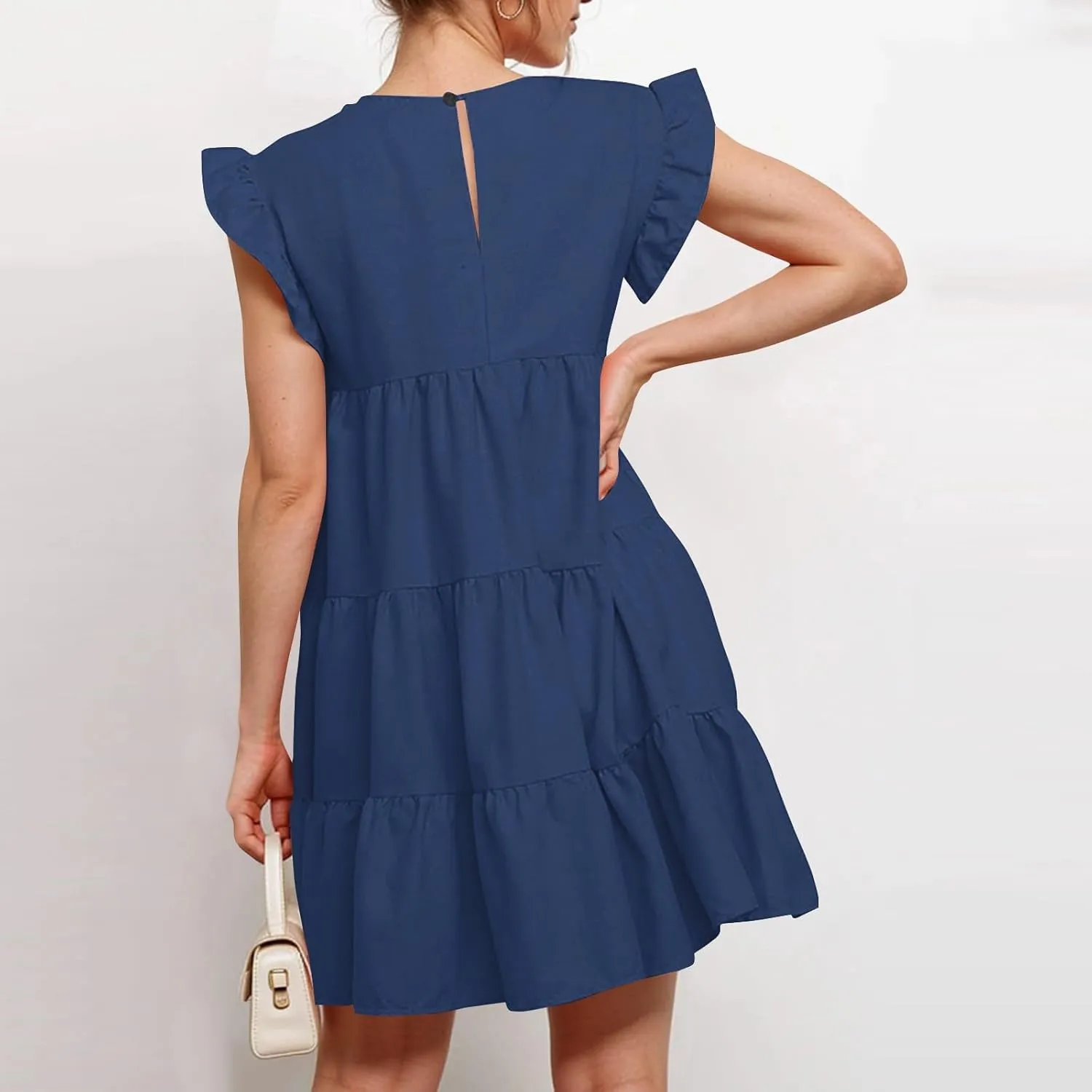 Women's Dresses Summer Round Neck Ruffle Sleeve Solid Color Beach Flowy Short Tunic Mini Dress 2025, S-2XL