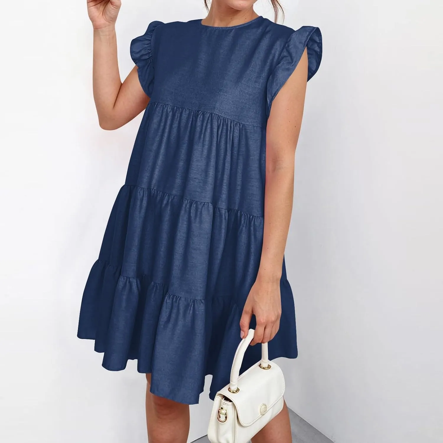 Women's Dresses Summer Round Neck Ruffle Sleeve Solid Color Beach Flowy Short Tunic Mini Dress 2025, S-2XL