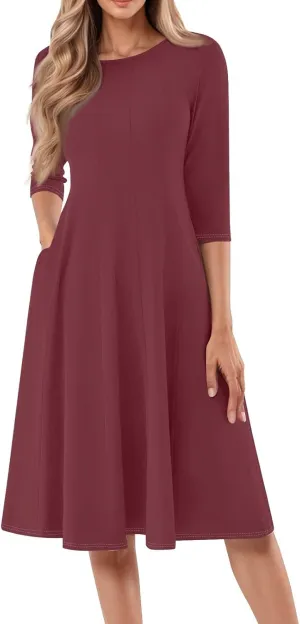 Womens Elegant 3/4 Sleeve Dresses Casual Loose A-Line Flowy Tshirt Dresses Crewneck Midi Dress with Pockets