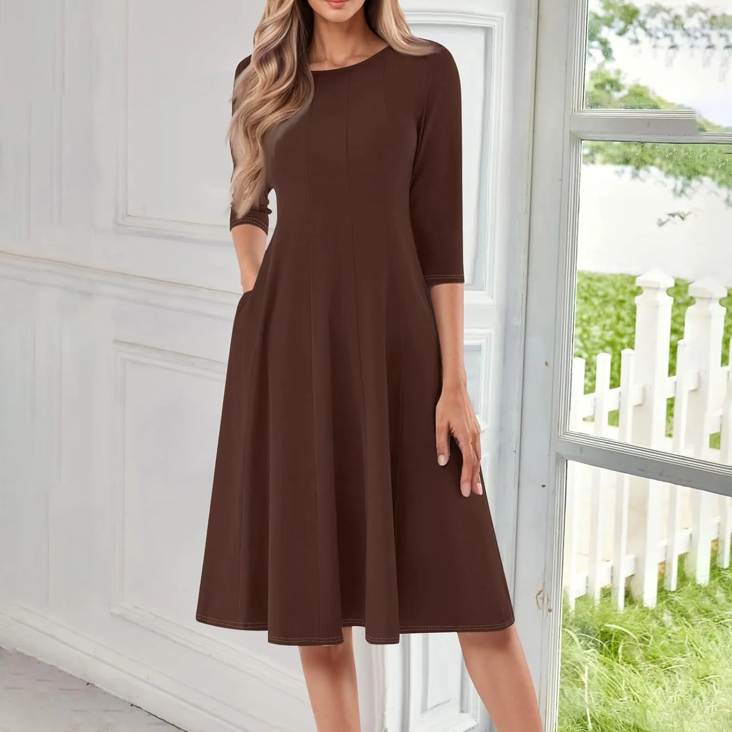 Womens Elegant 3/4 Sleeve Dresses Casual Loose A-Line Flowy Tshirt Dresses Crewneck Midi Dress with Pockets