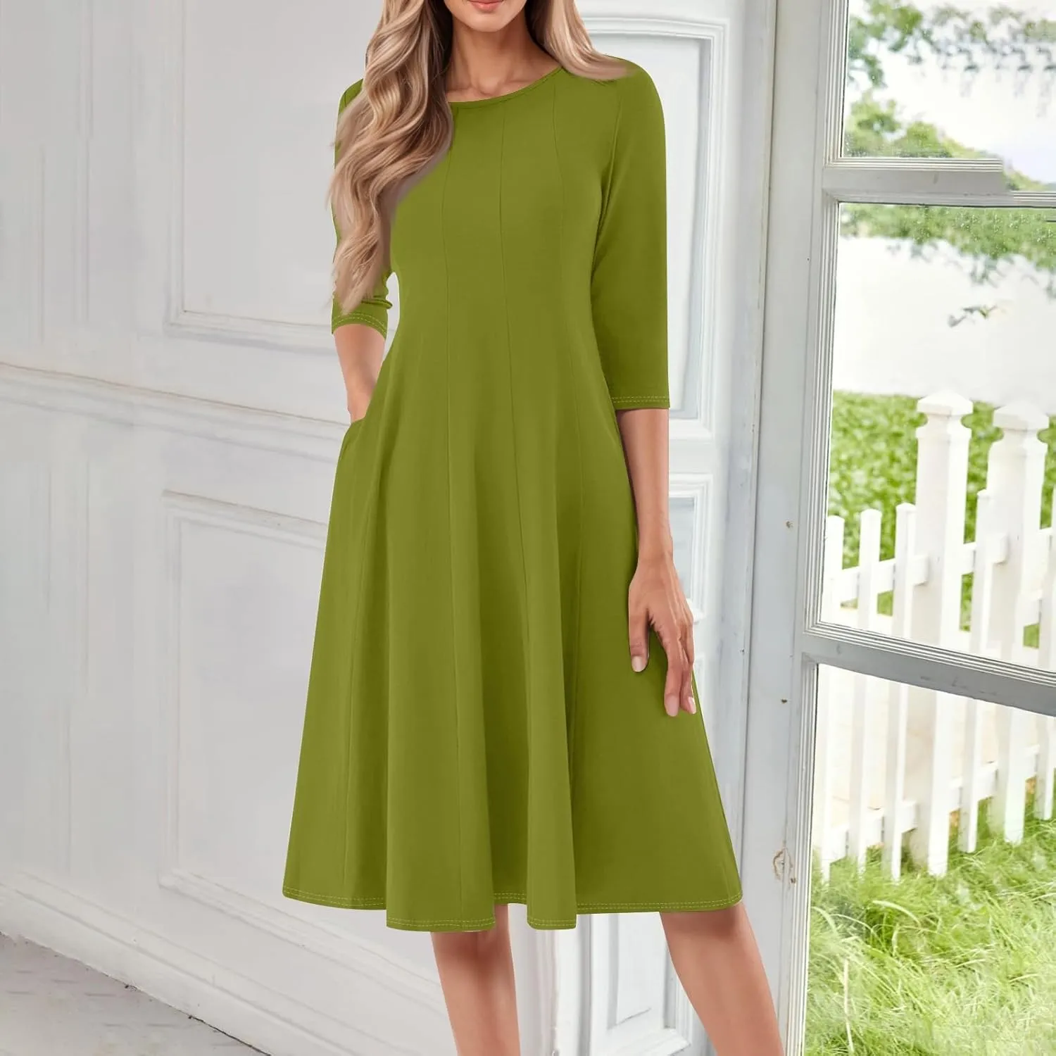Womens Elegant 3/4 Sleeve Dresses Casual Loose A-Line Flowy Tshirt Dresses Crewneck Midi Dress with Pockets