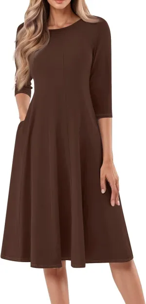 Womens Elegant 3/4 Sleeve Dresses Casual Loose A-Line Flowy Tshirt Dresses Crewneck Midi Dress with Pockets