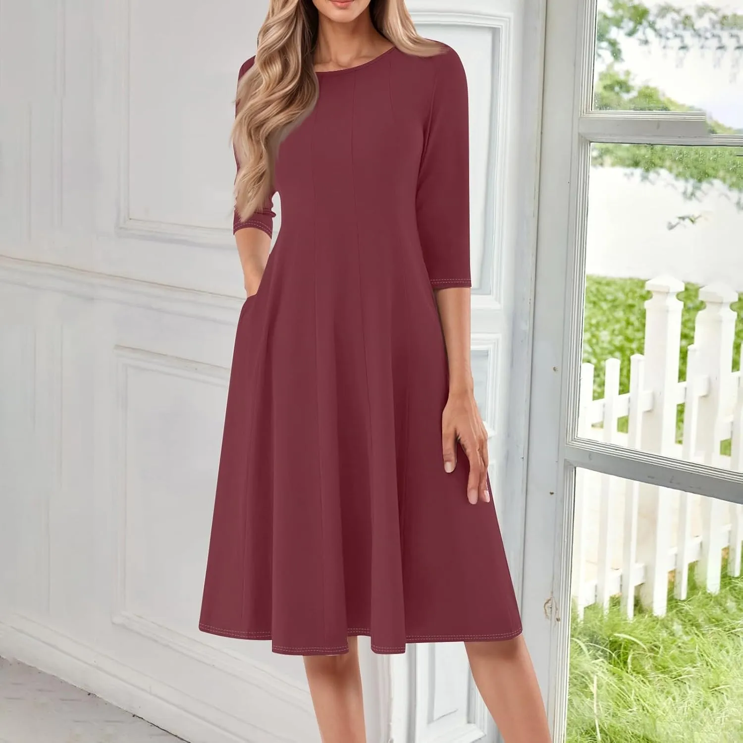 Womens Elegant 3/4 Sleeve Dresses Casual Loose A-Line Flowy Tshirt Dresses Crewneck Midi Dress with Pockets
