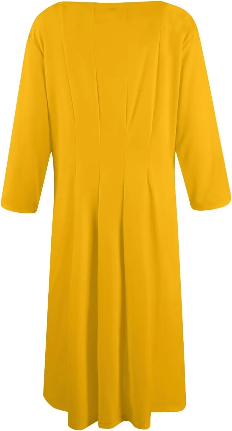 Womens Elegant 3/4 Sleeve Dresses Casual Loose A-Line Flowy Tshirt Dresses Crewneck Midi Dress with Pockets