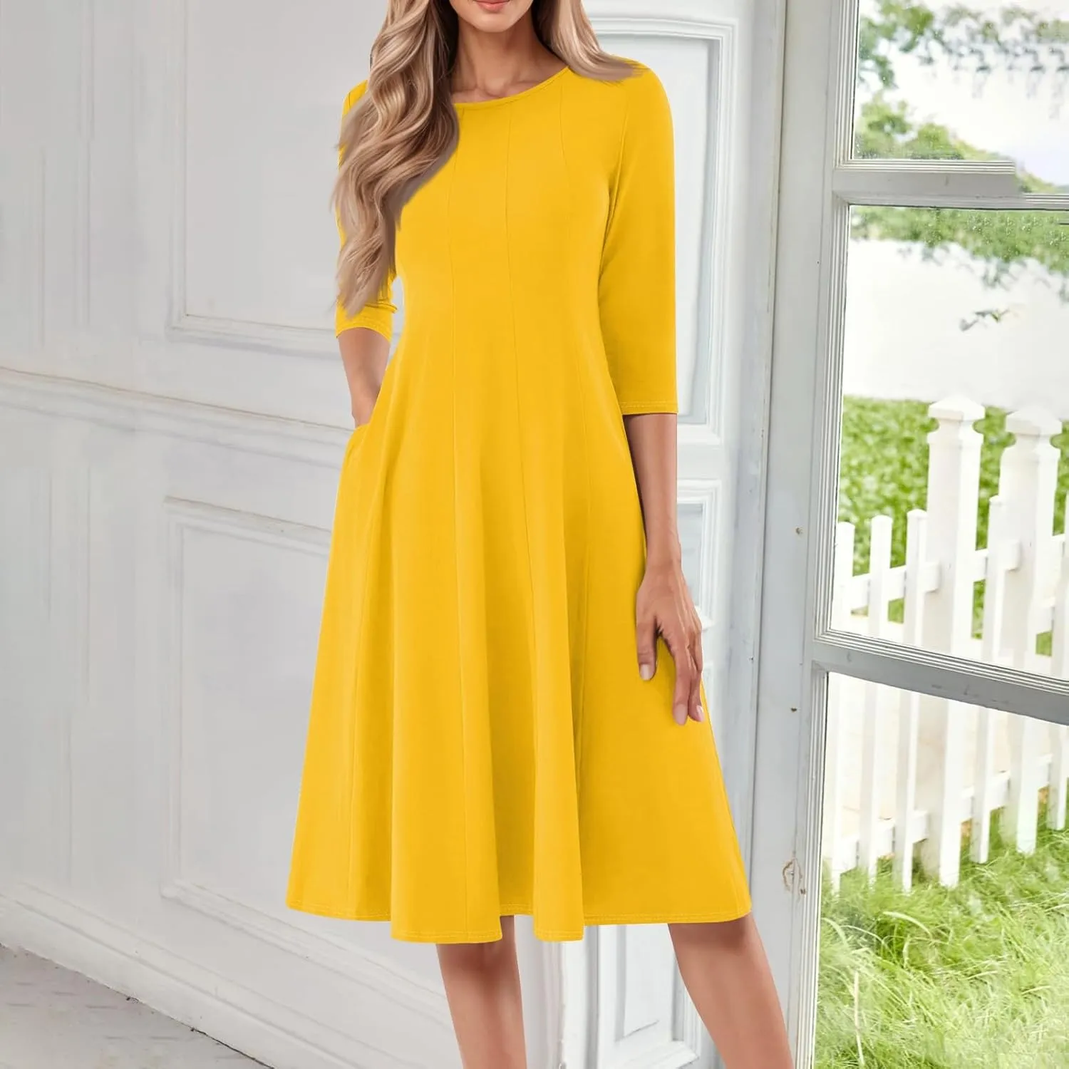 Womens Elegant 3/4 Sleeve Dresses Casual Loose A-Line Flowy Tshirt Dresses Crewneck Midi Dress with Pockets
