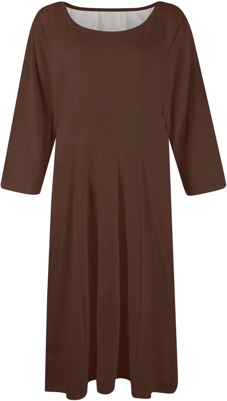 Womens Elegant 3/4 Sleeve Dresses Casual Loose A-Line Flowy Tshirt Dresses Crewneck Midi Dress with Pockets