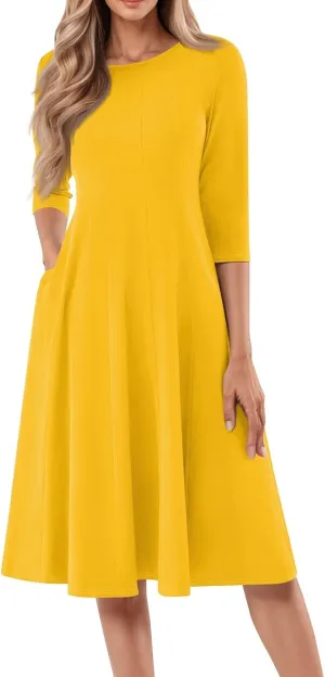 Womens Elegant 3/4 Sleeve Dresses Casual Loose A-Line Flowy Tshirt Dresses Crewneck Midi Dress with Pockets