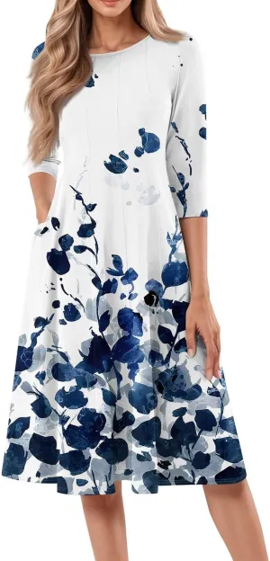 Womens Elegant 3/4 Sleeve Dresses Casual Loose A-Line Flowy Tshirt Dresses Crewneck Midi Dress with Pockets