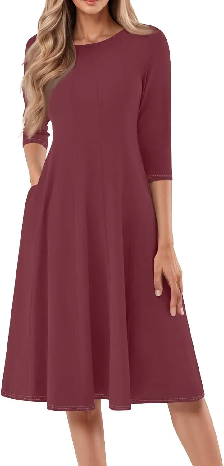 Womens Elegant 3/4 Sleeve Dresses Casual Loose A-Line Flowy Tshirt Dresses Crewneck Midi Dress with Pockets