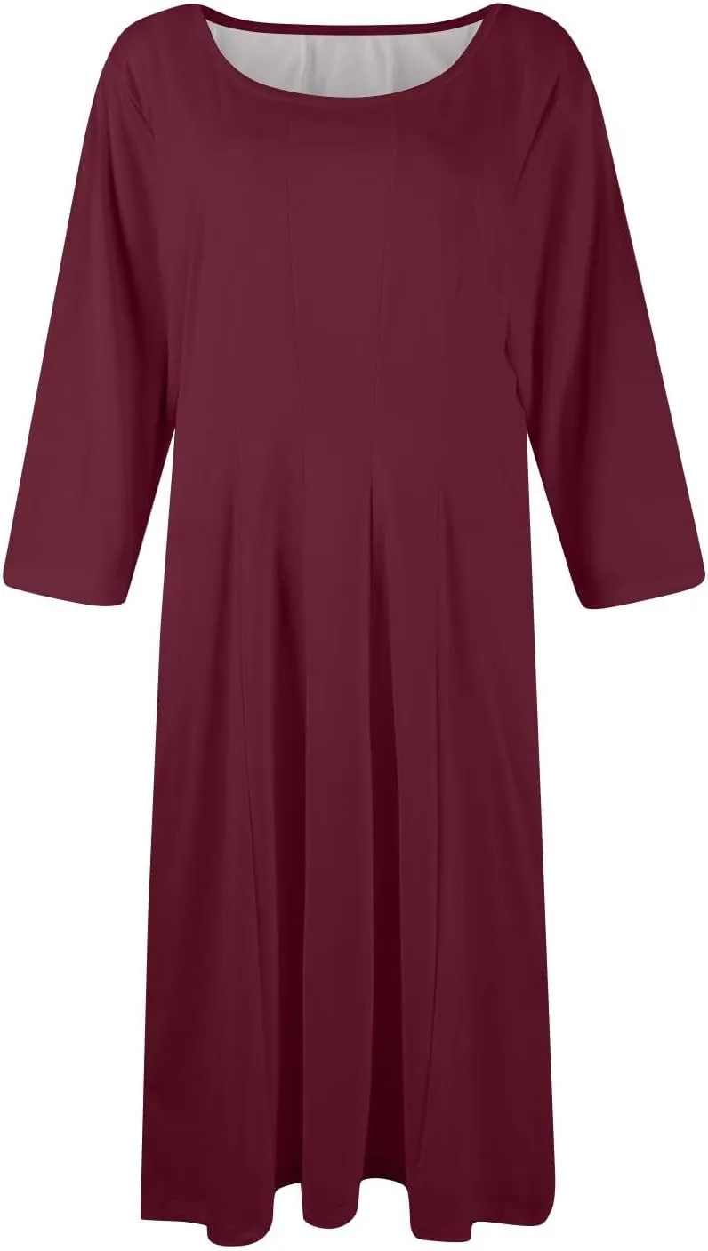 Womens Elegant 3/4 Sleeve Dresses Casual Loose A-Line Flowy Tshirt Dresses Crewneck Midi Dress with Pockets