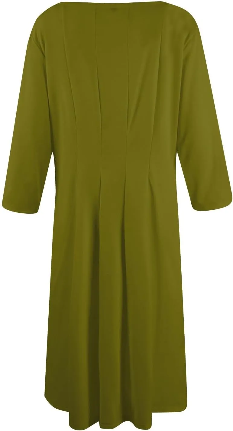 Womens Elegant 3/4 Sleeve Dresses Casual Loose A-Line Flowy Tshirt Dresses Crewneck Midi Dress with Pockets