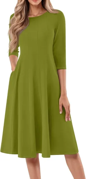 Womens Elegant 3/4 Sleeve Dresses Casual Loose A-Line Flowy Tshirt Dresses Crewneck Midi Dress with Pockets