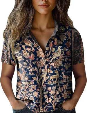 Womens Ethnic Shirts Floral Print Short Sleeve V Neck Button Down Shirt Vintage Causal Boho Blouses Gauze Tunic Tops