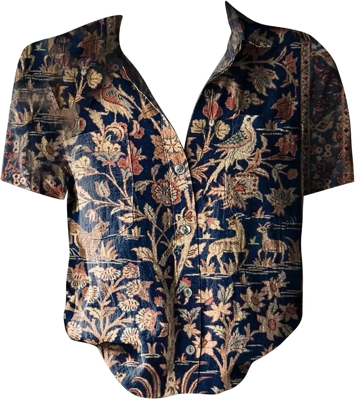 Womens Ethnic Shirts Floral Print Short Sleeve V Neck Button Down Shirt Vintage Causal Boho Blouses Gauze Tunic Tops