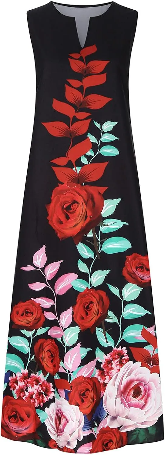 Women's Fashion Maxi Dresses Floral Boho Summer Dress Printed V Neck Sleeveless Casual Sundress with Pockets