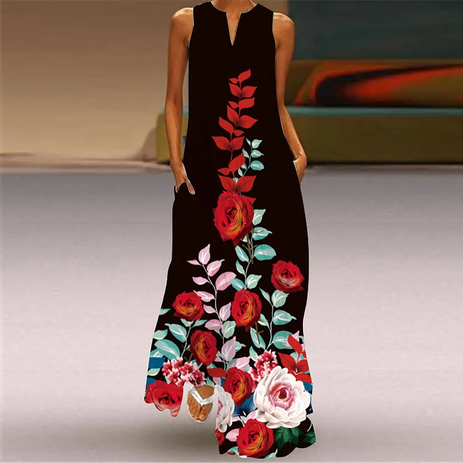 Women's Fashion Maxi Dresses Floral Boho Summer Dress Printed V Neck Sleeveless Casual Sundress with Pockets