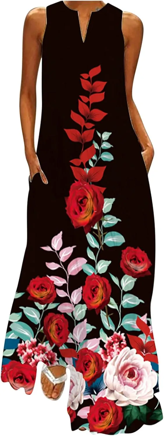 Women's Fashion Maxi Dresses Floral Boho Summer Dress Printed V Neck Sleeveless Casual Sundress with Pockets