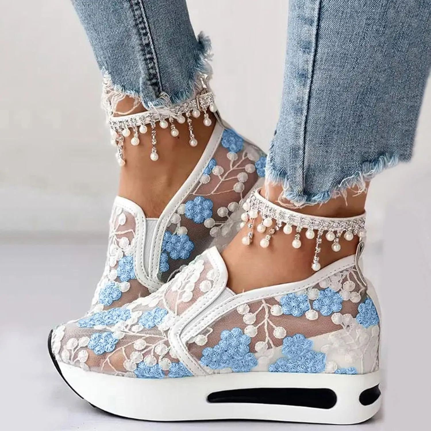 Women's Fashion Sneakers Summer Platform Shoes Hidden Wedge High Top Walking Sneakers Embroidery Floral Mesh Slip On Loafers Casual Shoes with Arch Support