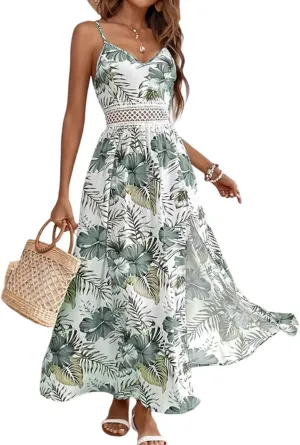 Women's Floral Maxi Dress, Casual Bohemian Style Sleeveless Summer Beach Sundress with Spaghetti Straps