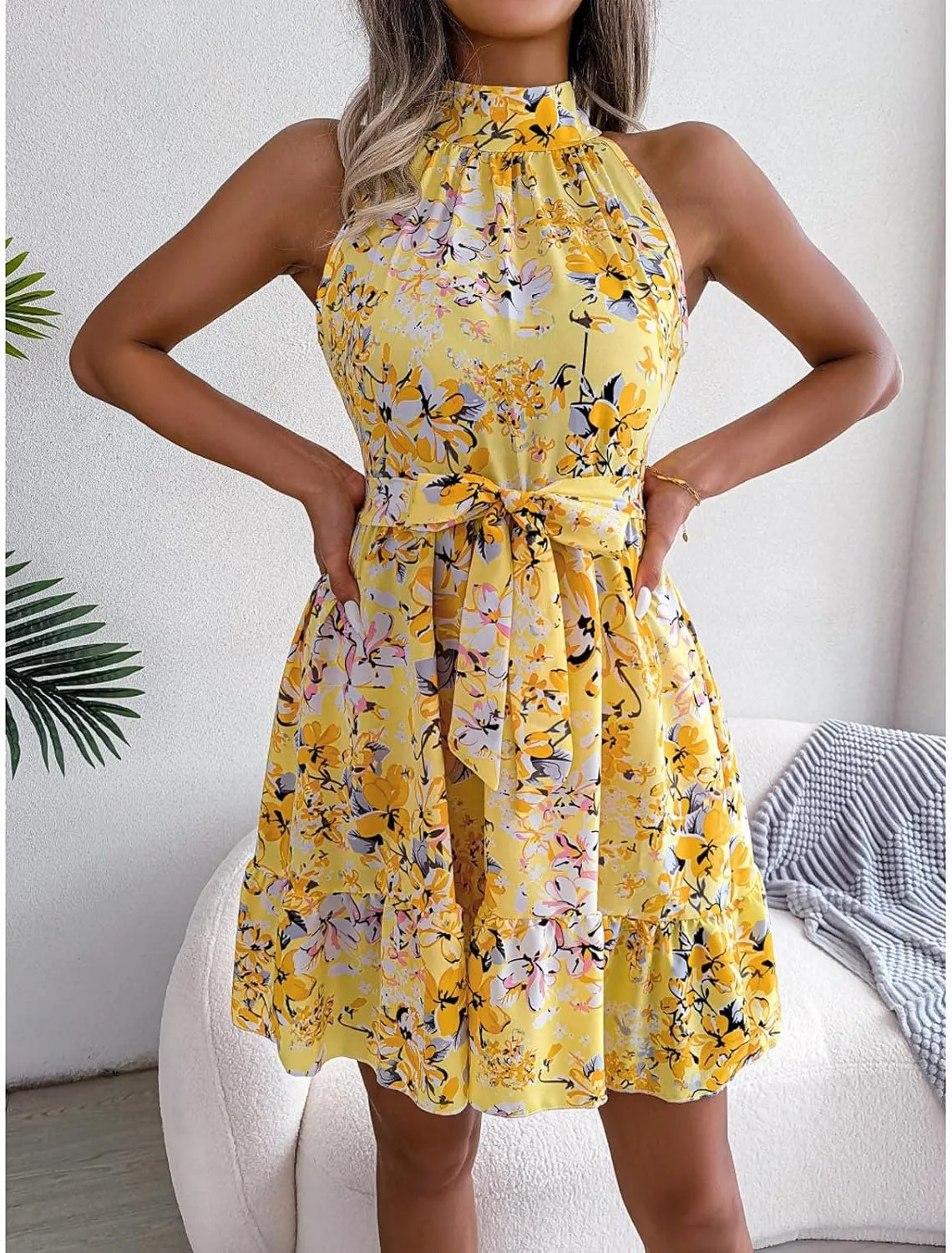 Womens Floral Mini Dress Boho Summer Swing Trendy Ruffle Sleeveless Sexy Flutter Flowy Beach Vacation Sundresses