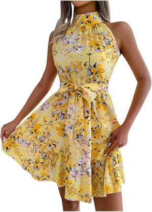 Womens Floral Mini Dress Boho Summer Swing Trendy Ruffle Sleeveless Sexy Flutter Flowy Beach Vacation Sundresses