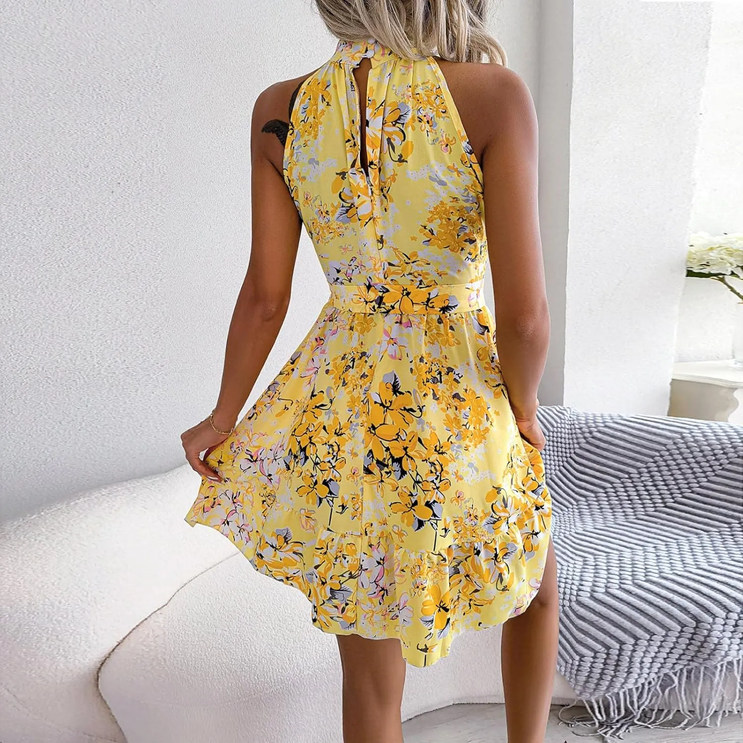 Womens Floral Mini Dress Boho Summer Swing Trendy Ruffle Sleeveless Sexy Flutter Flowy Beach Vacation Sundresses