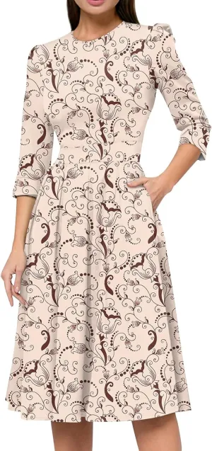 Women's Floral Print A-Line Midi Dress with 3/4 Sleeves Elegant Casual Wear for Spring and Summer Outings
