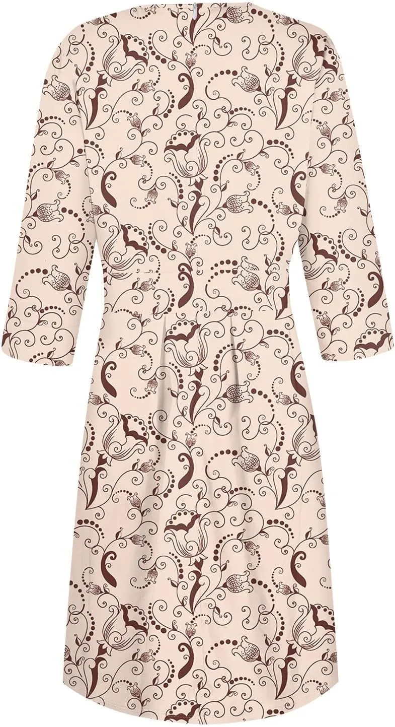 Women's Floral Print A-Line Midi Dress with 3/4 Sleeves Elegant Casual Wear for Spring and Summer Outings