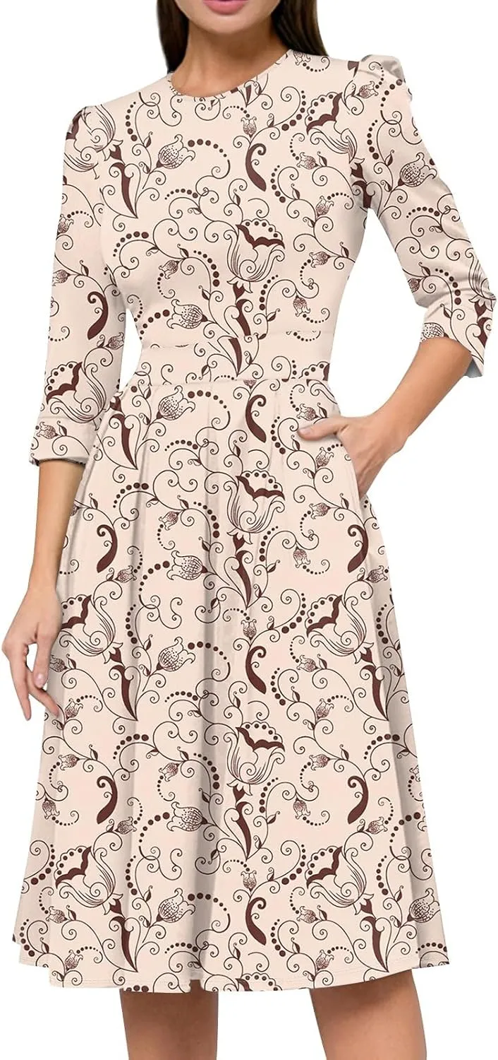 Women's Floral Print A-Line Midi Dress with 3/4 Sleeves Elegant Casual Wear for Spring and Summer Outings