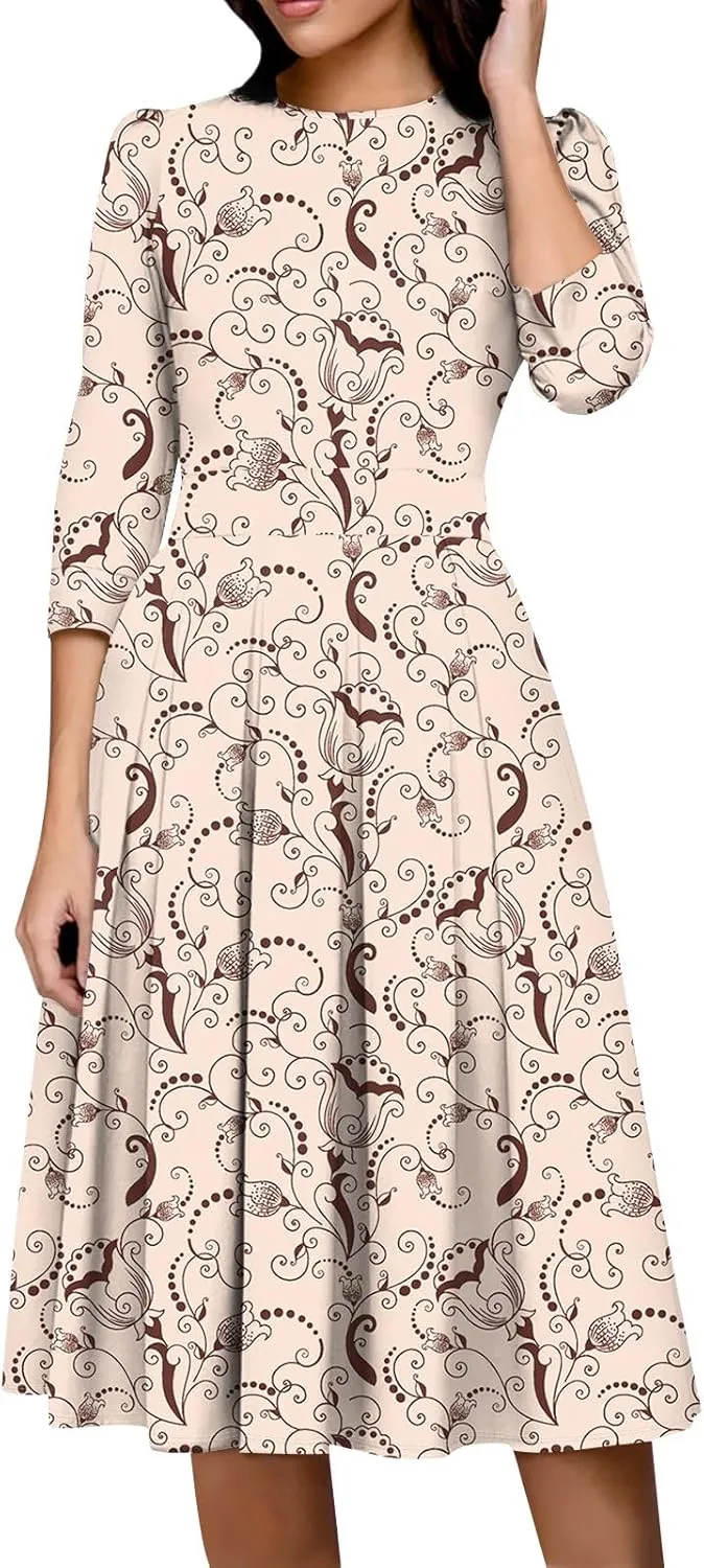 Women's Floral Print A-Line Midi Dress with 3/4 Sleeves Elegant Casual Wear for Spring and Summer Outings