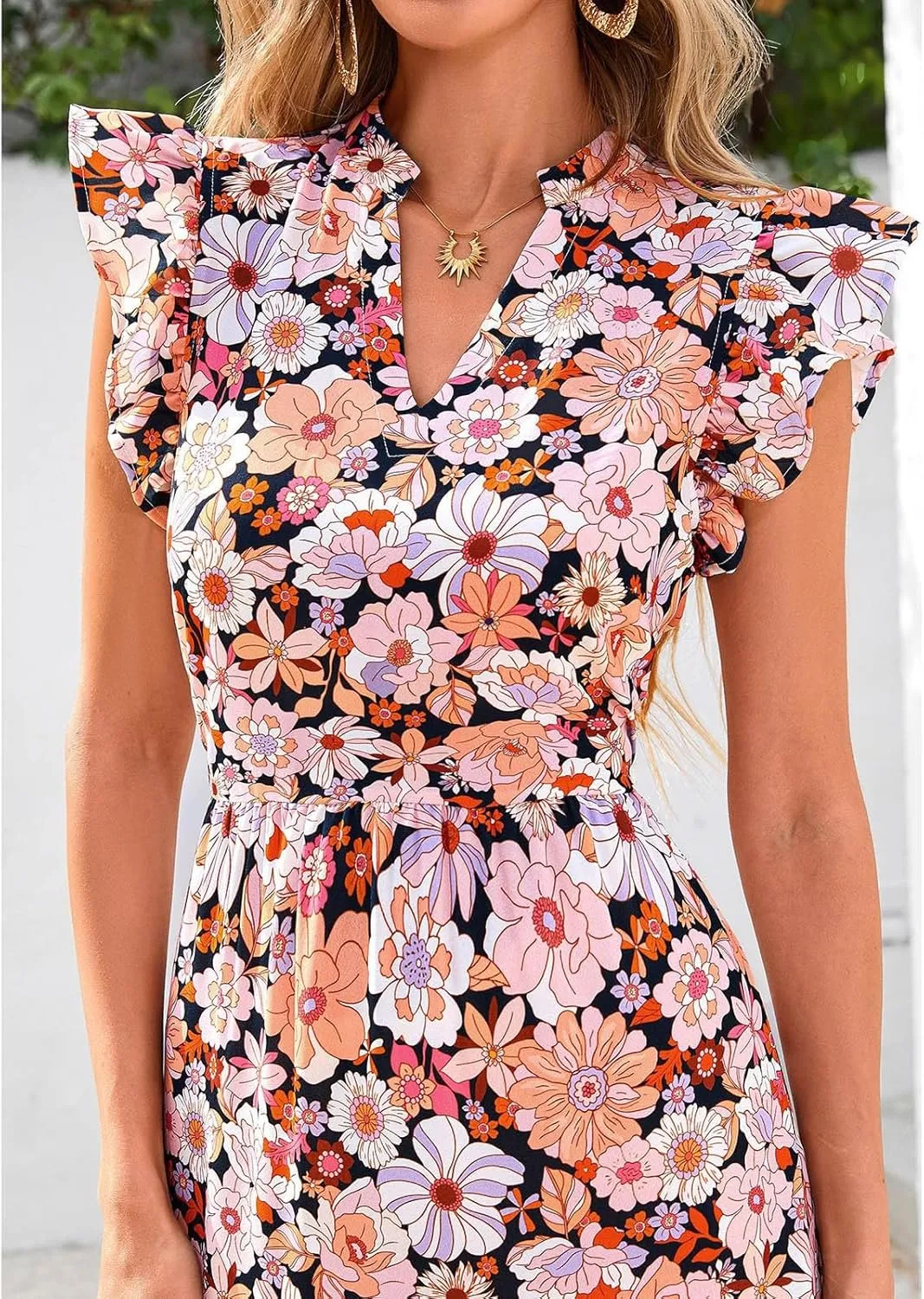 Women's Floral Wrap V-Neck Midi Dress Short Sleeve Boho Summer Beach Long Dress High Low Hem Smocked Dress Women