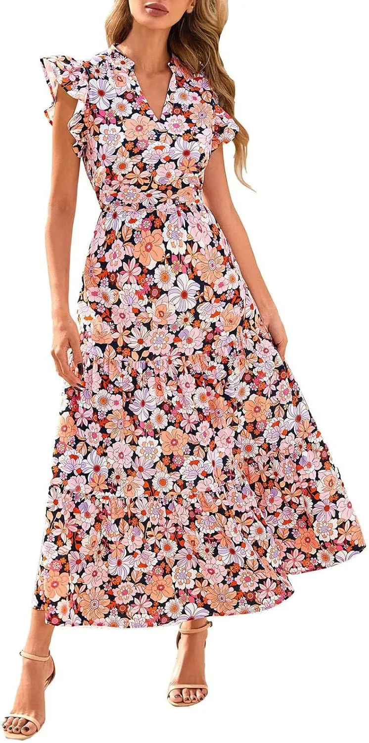 Women's Floral Wrap V-Neck Midi Dress Short Sleeve Boho Summer Beach Long Dress High Low Hem Smocked Dress Women