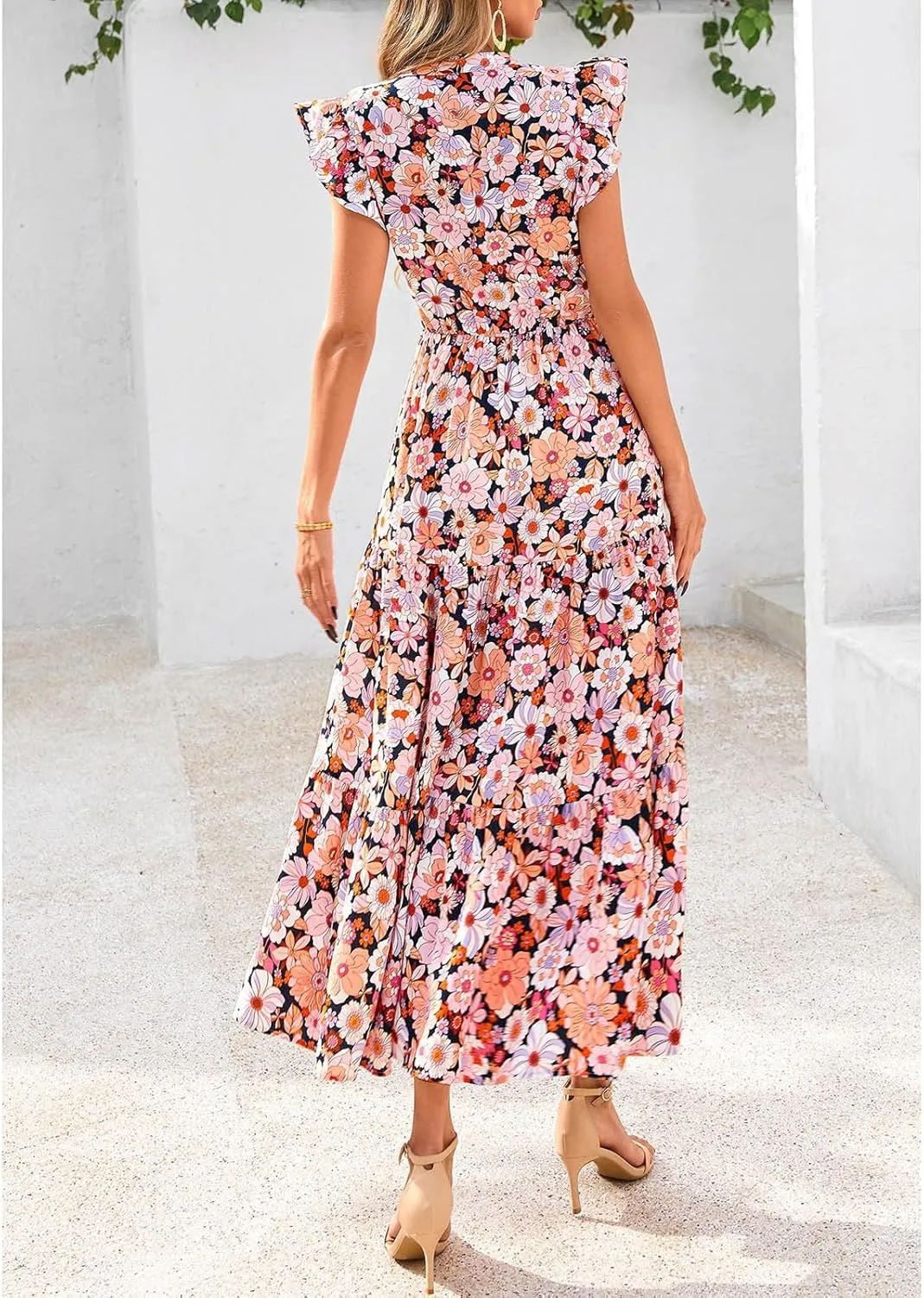 Women's Floral Wrap V-Neck Midi Dress Short Sleeve Boho Summer Beach Long Dress High Low Hem Smocked Dress Women