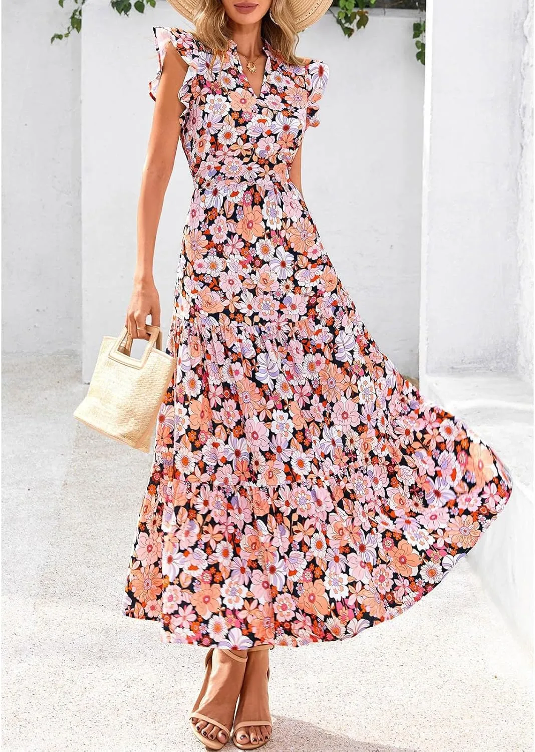 Women's Floral Wrap V-Neck Midi Dress Short Sleeve Boho Summer Beach Long Dress High Low Hem Smocked Dress Women